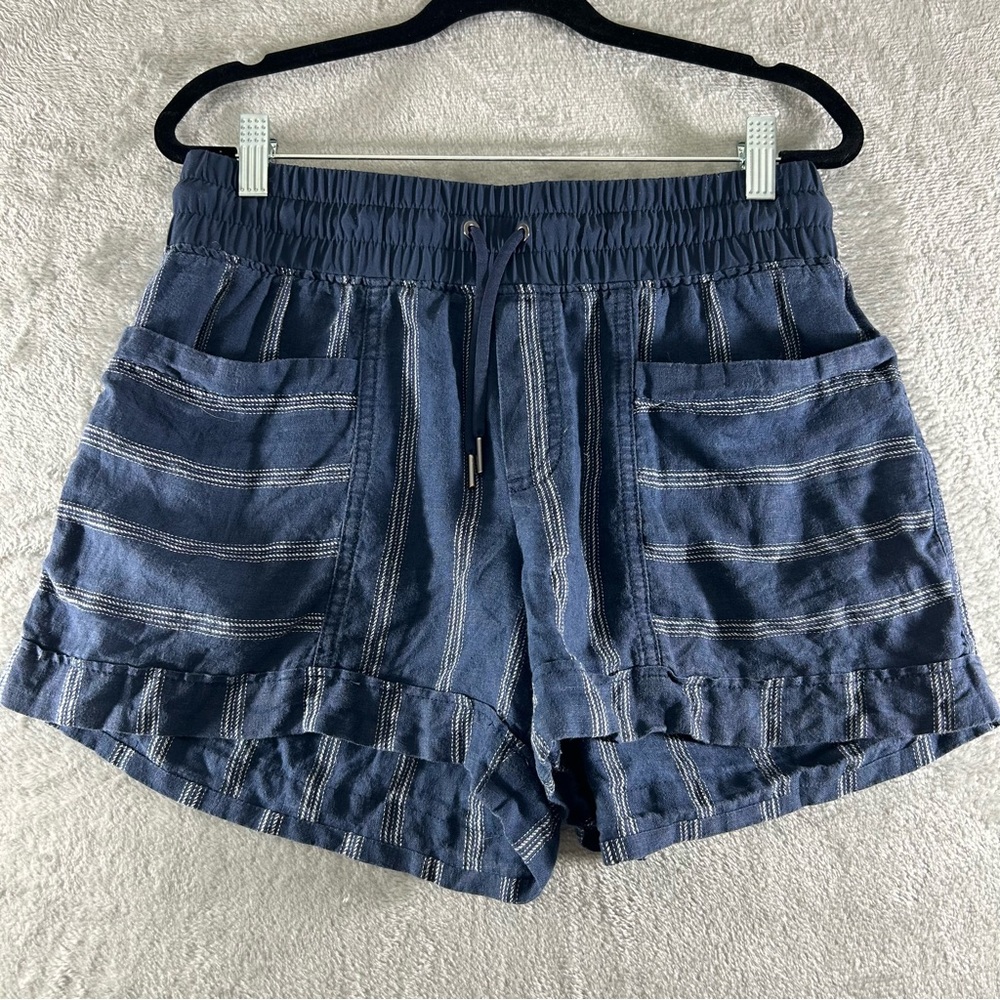 ATHLETA Cabo Tide Striped Linen Shorts 4" Inseam Navy Blue Size 6 Linen
